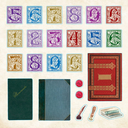 Decorative sticker book covers with artistic designs and a red book on a beige background