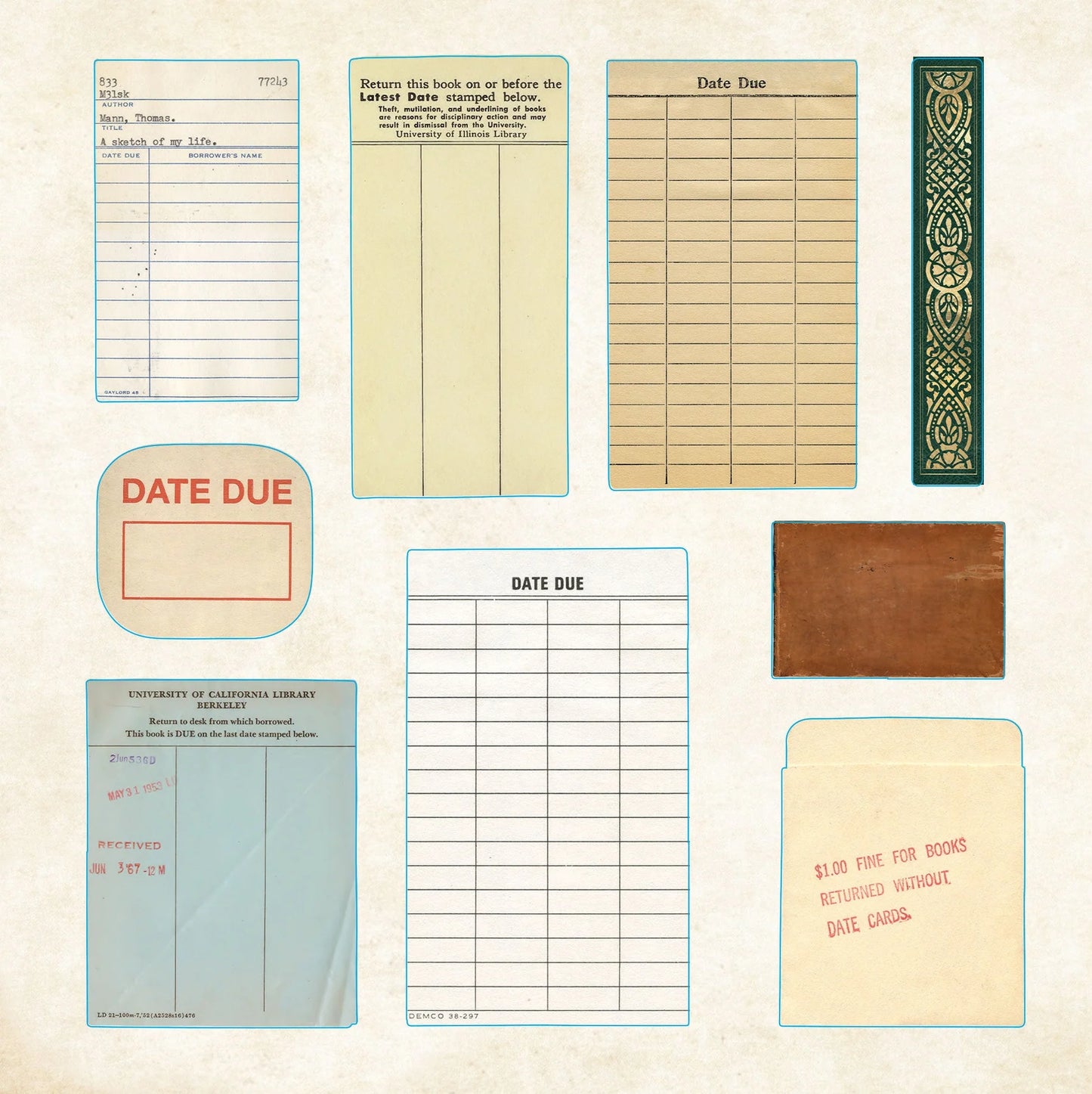 Collection of vintage library due date cards and forms sticker on a beige background