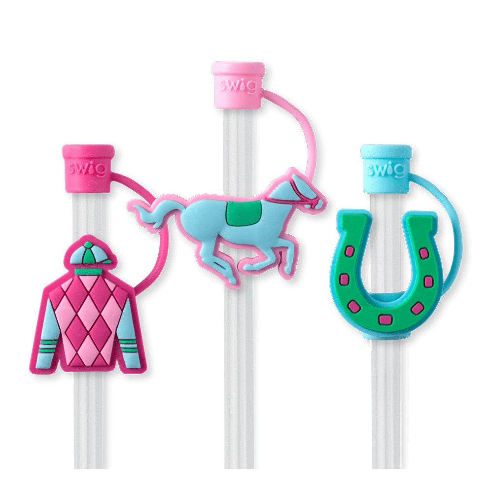 Three colorful straw tips with horse-themed designs on a white background