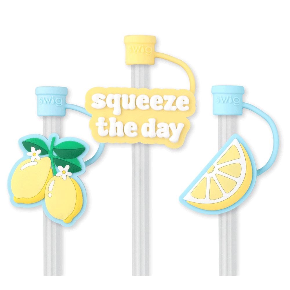 Straw set with lemon-themed designs and 'squeeze the day' text on a white background