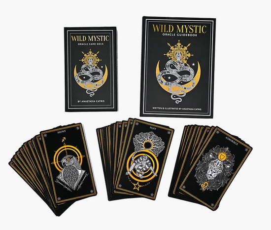 Wild Mystic Oracle card deck with black and gold design on a white background