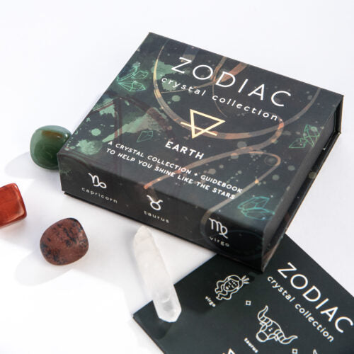 Zodiac Crystal Collection Earth box with crystals on a white background