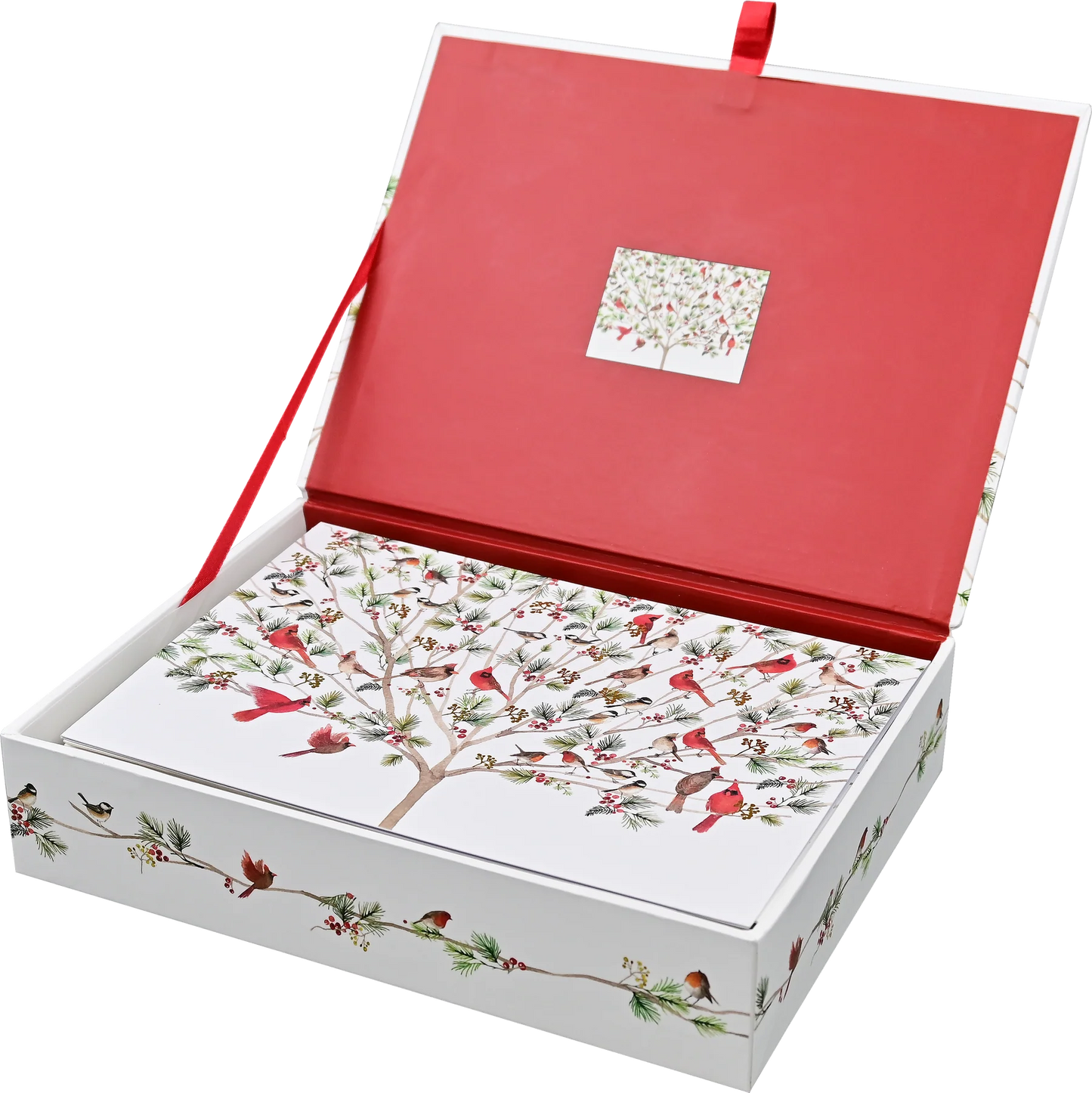 An open gift box with a red interior lid and a white exterior decorated with a bird tree illustration. The box is shown on a clean white background, with a red ribbon handle visible at the top.
