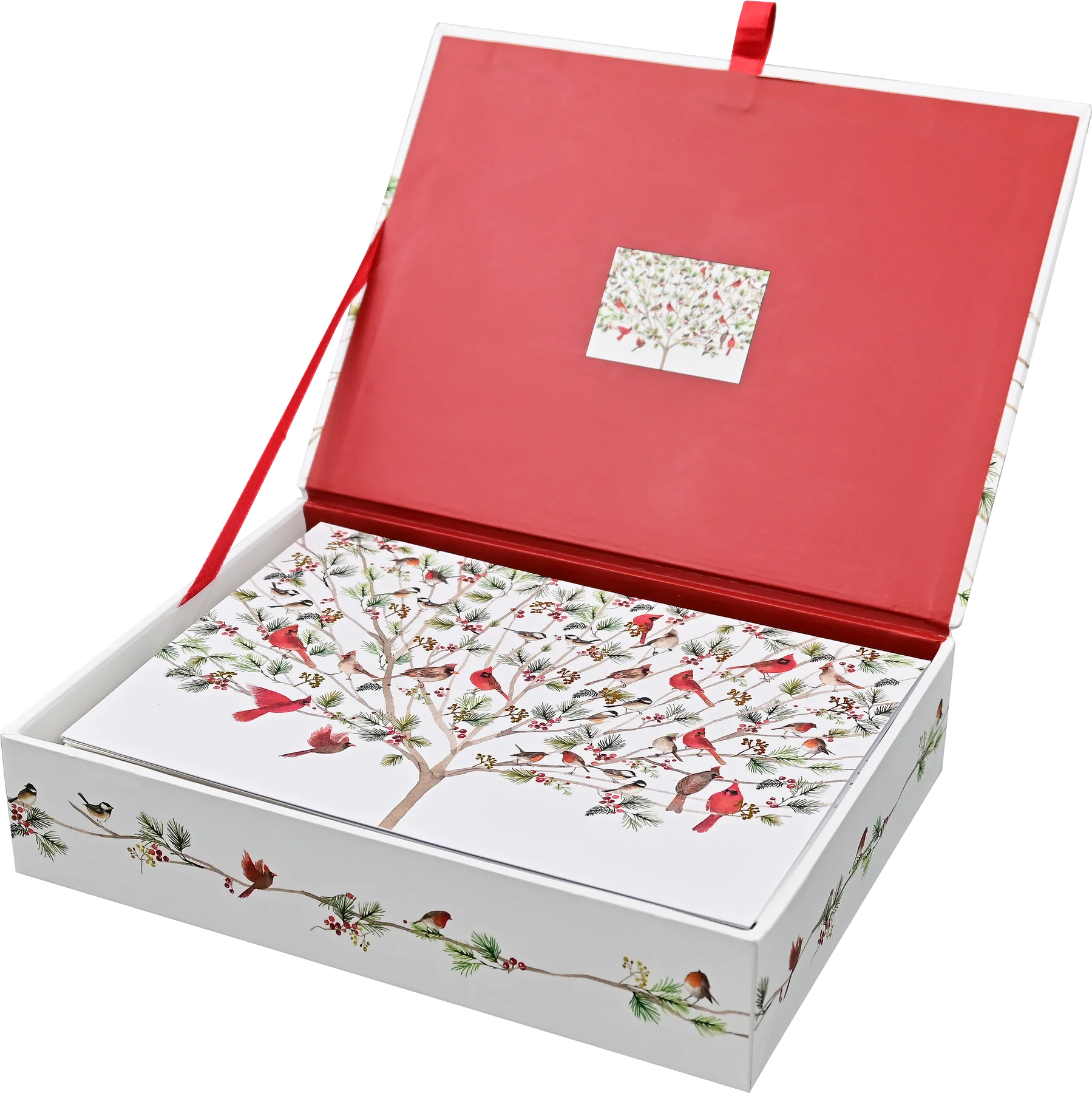 An open gift box with a red interior lid and a white exterior decorated with a bird tree illustration. The box is shown on a clean white background, with a red ribbon handle visible at the top.