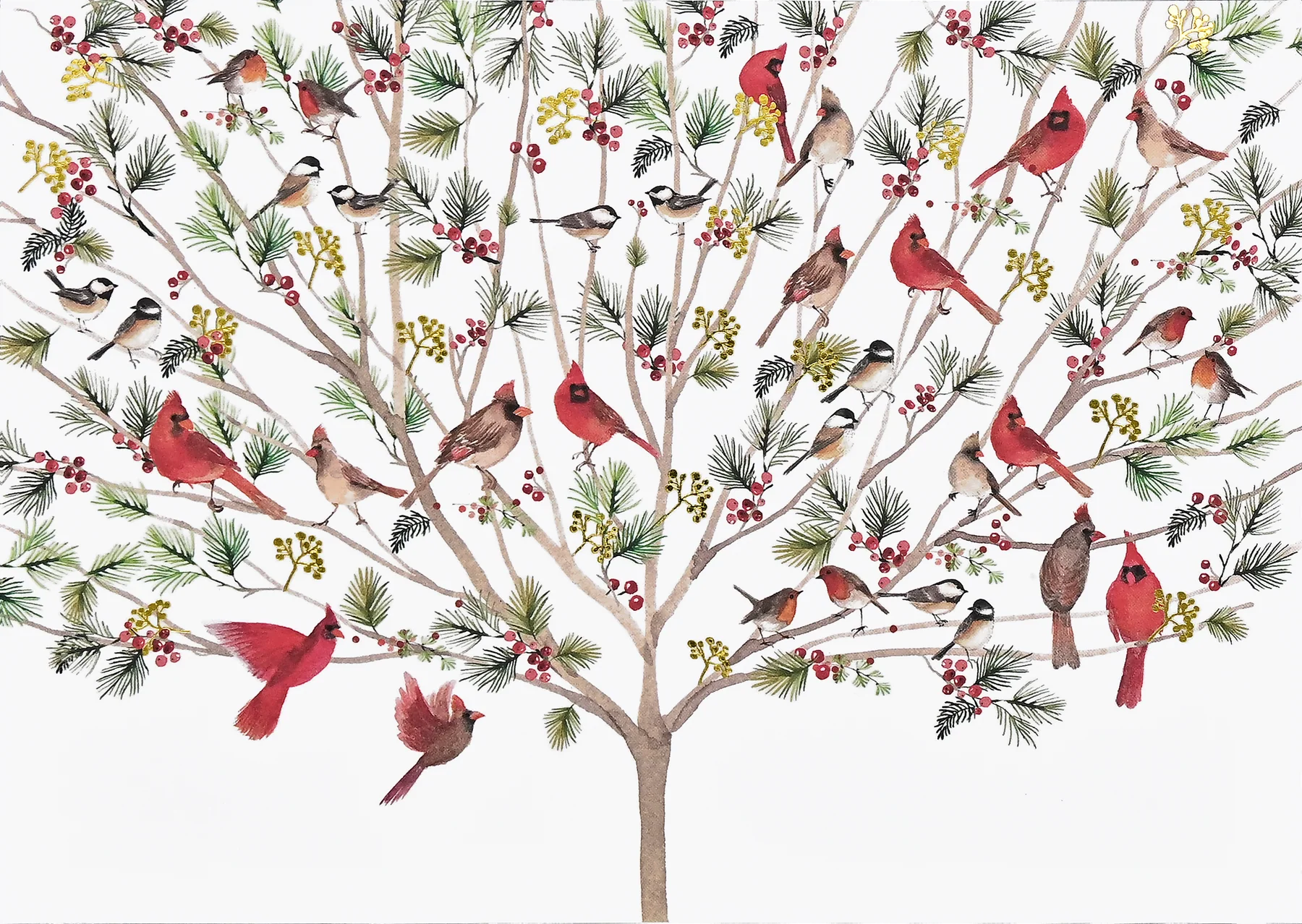 A colorful holiday card with cardinals sitting in a tree.