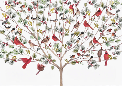 A colorful holiday card with cardinals sitting in a tree.