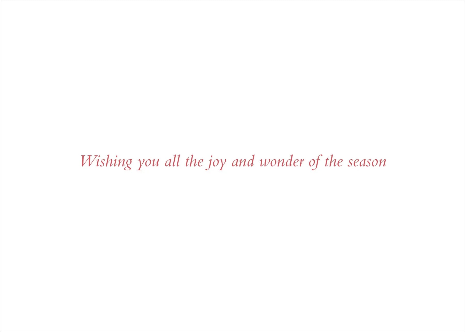 A white square card or sign with centered red script text reading, 'Wishing you all the joy and wonder of the season'.