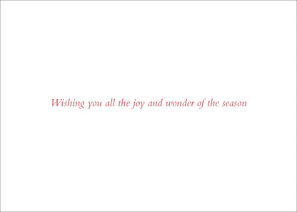 A white square card or sign with centered red script text reading, 'Wishing you all the joy and wonder of the season'.