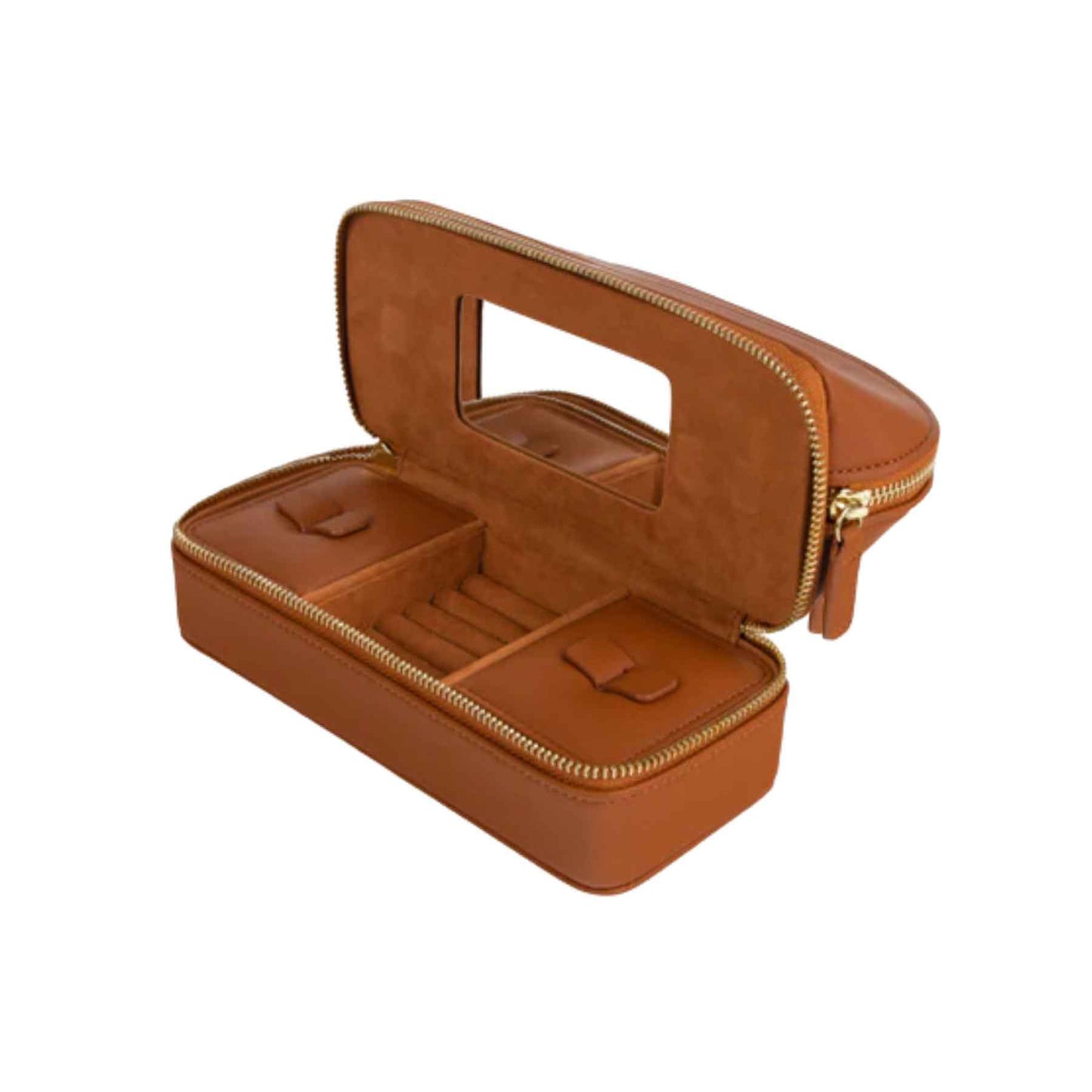 A stylish men's travel case featuring multiple compartments, a secure zip closure, and ample space for toiletries and jewelry