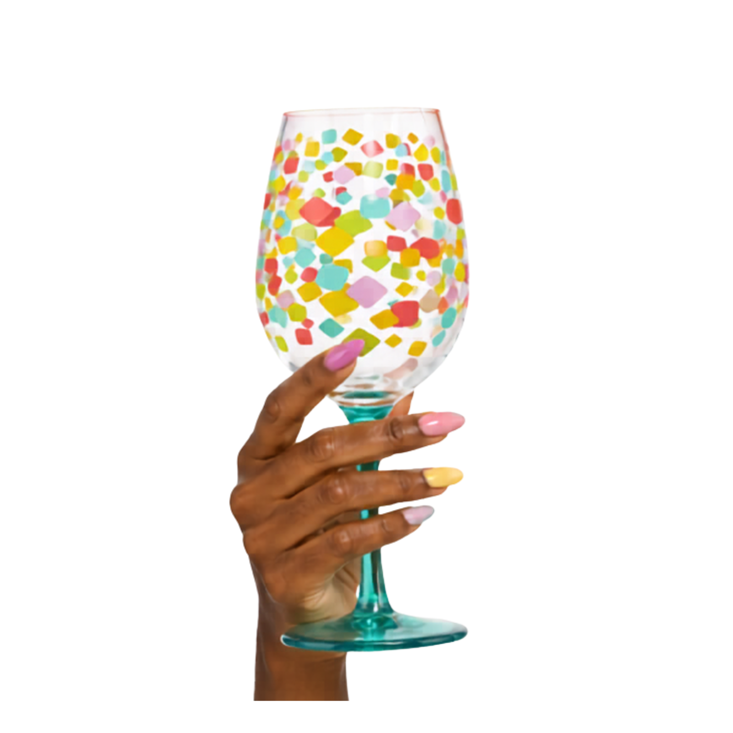 Hand holding a colorful confetti patterned acrylic wine glass against a white background