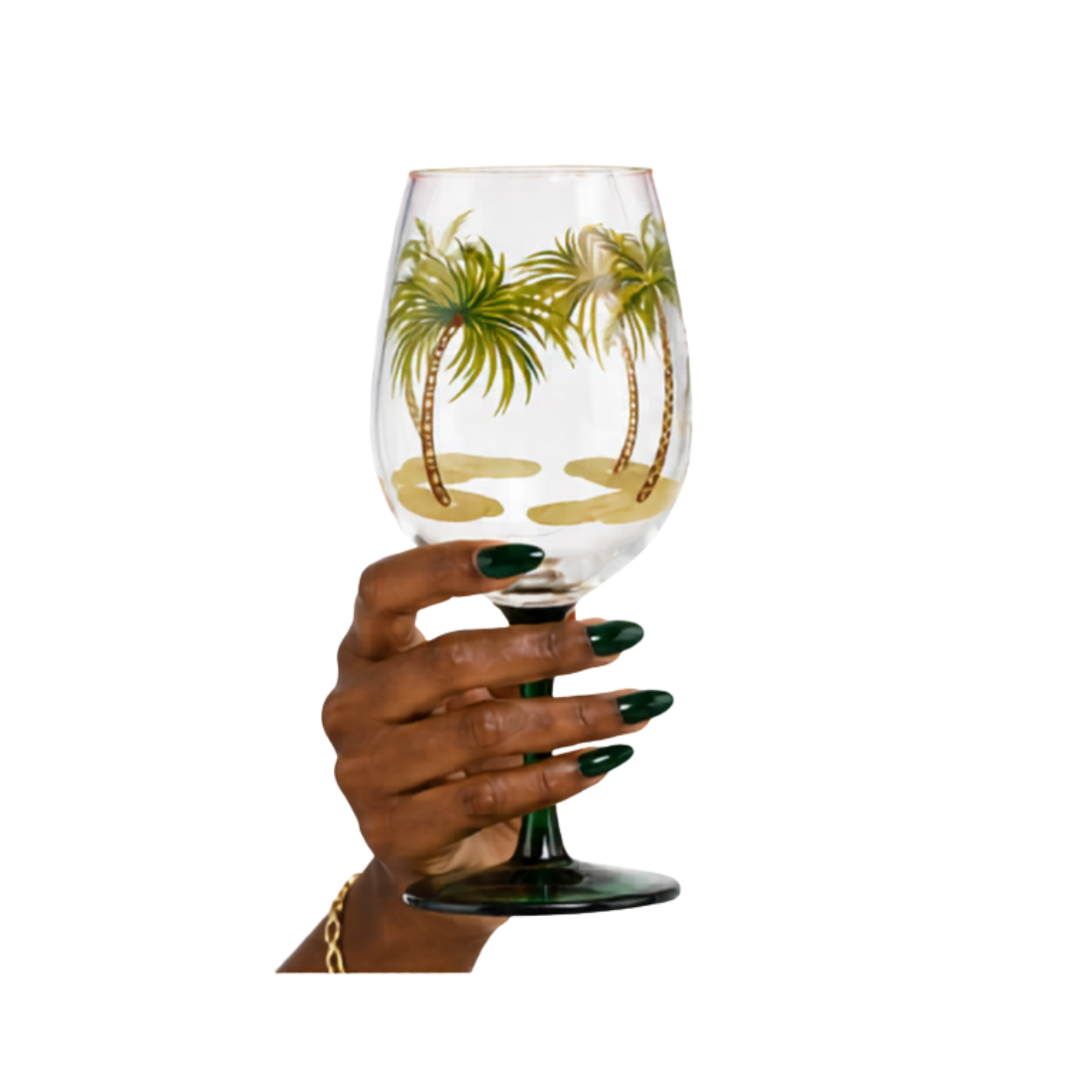Hand holding an acrylic wine glass with palm tree design on a white background