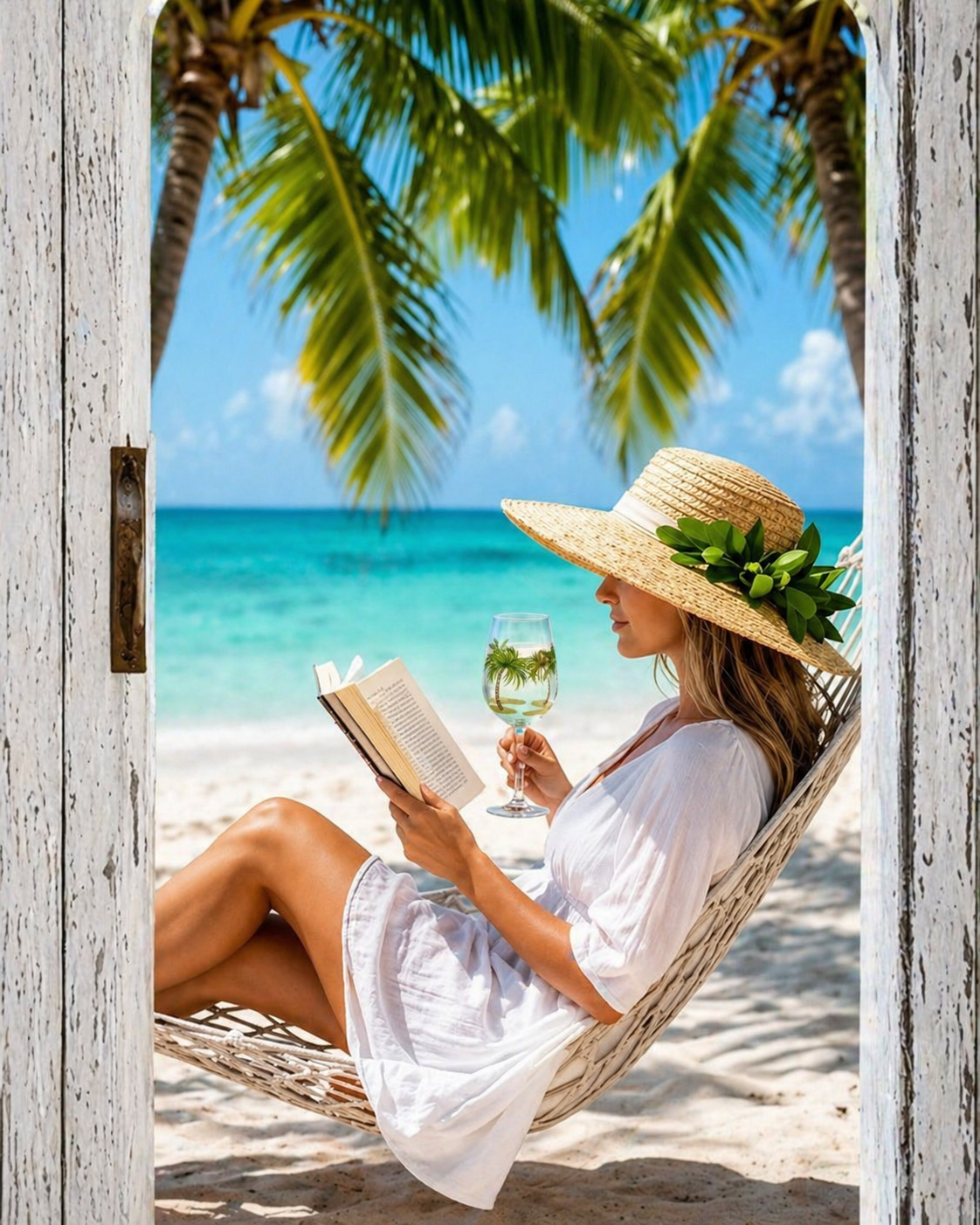 Woman reading a book and drinking wine on a hammock by the beach