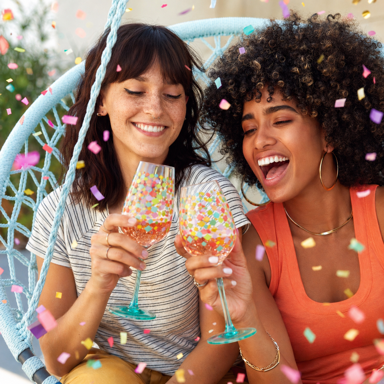 Two women sitting together holding colorful acrylic wine glasses with confetti-pattern an confetti flying around them.