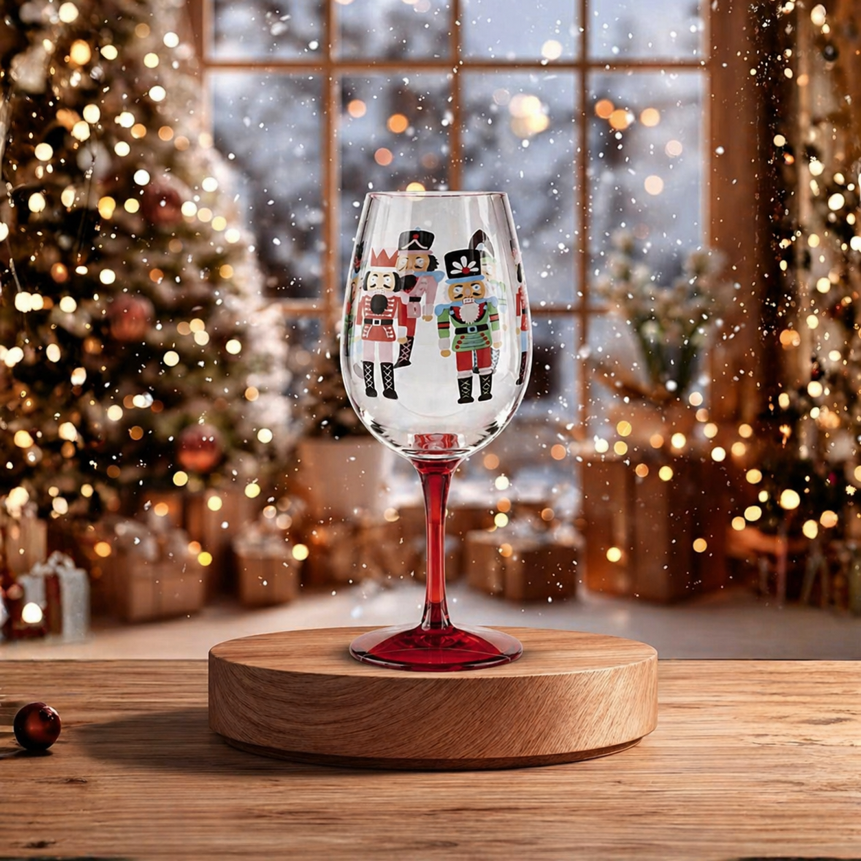 Decorative acrylic wine glass with nutcracker design on a wooden stand in a festive setting with Christmas tree and lights.
