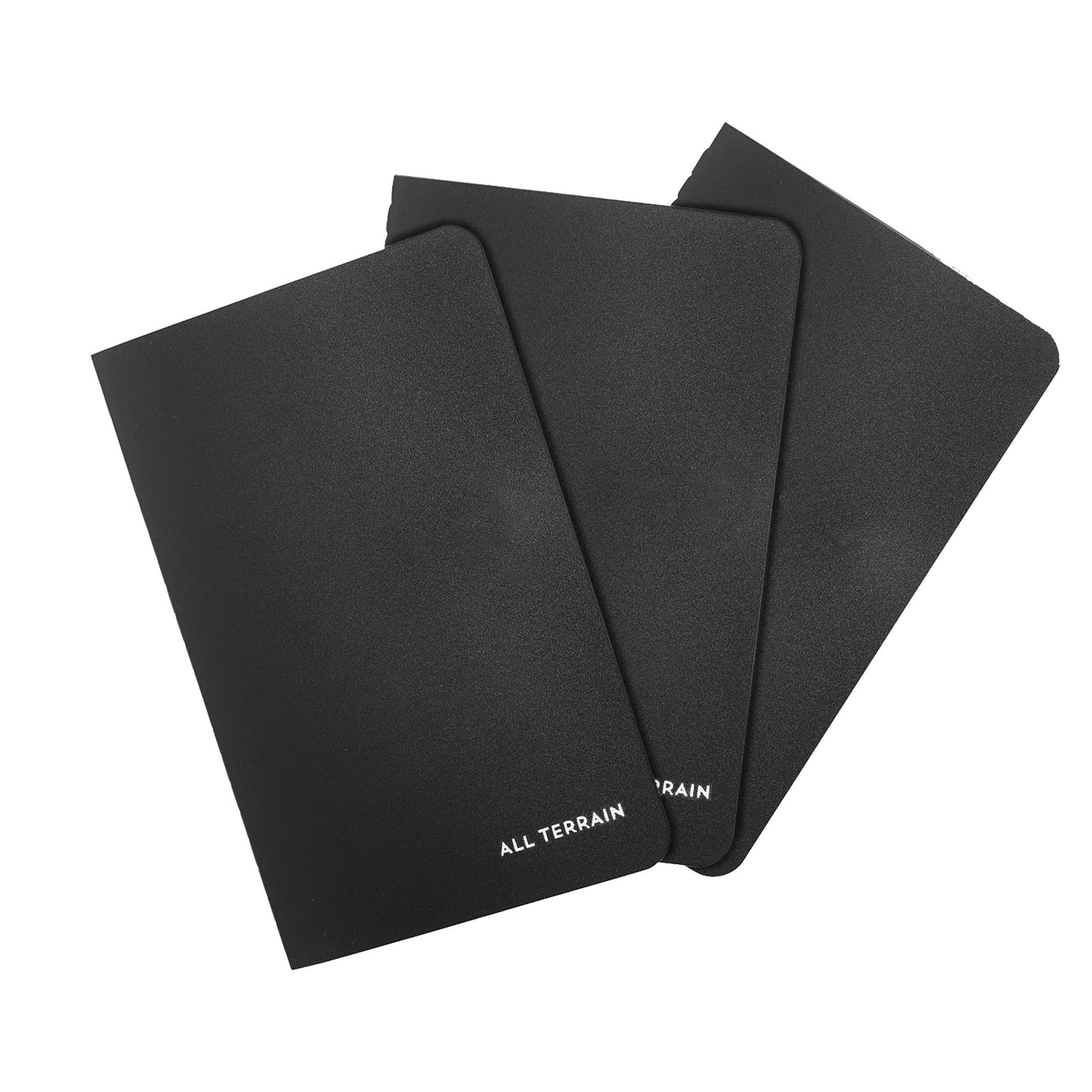 Three small black notebooks with 'All Terrain' on a white background