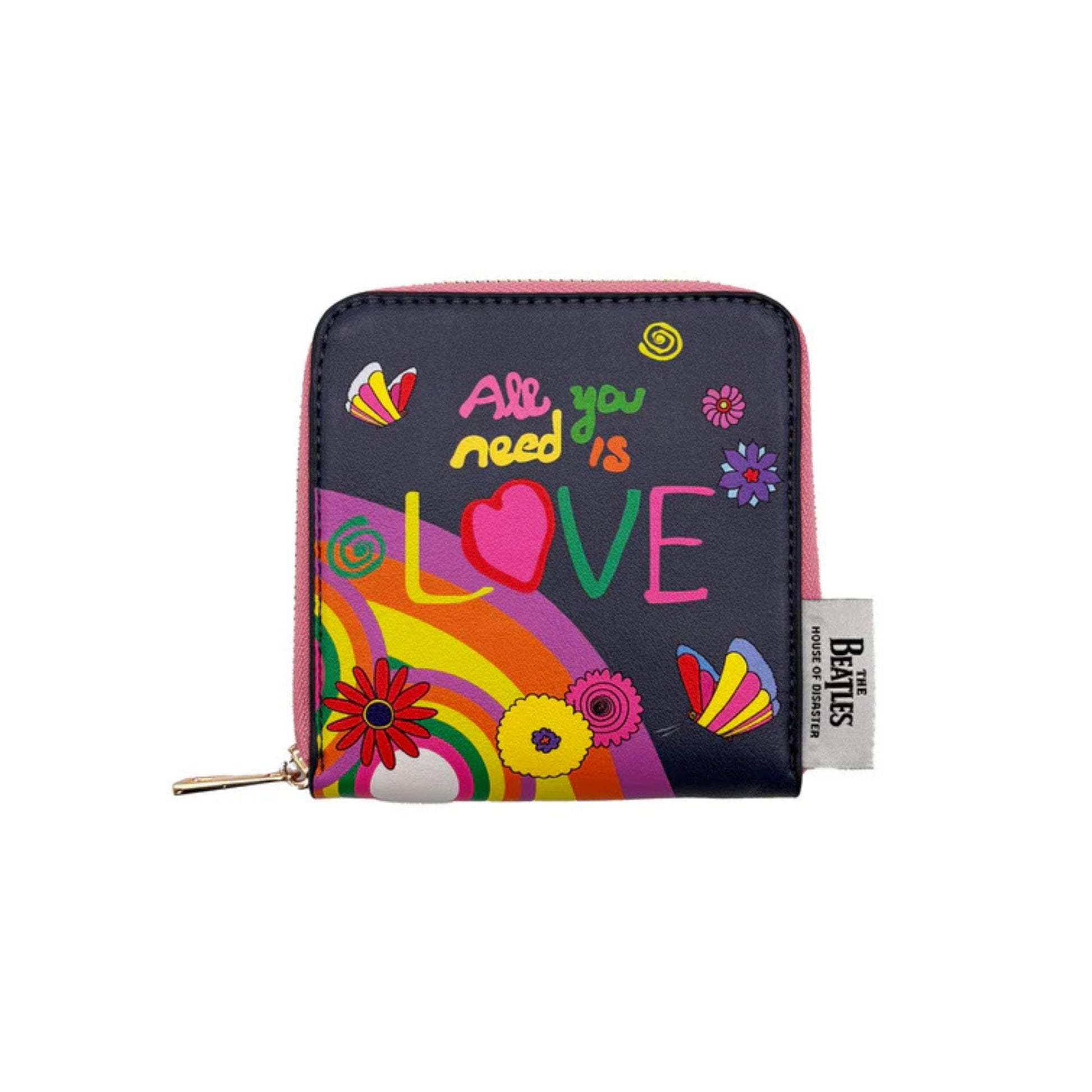 Colorful wallet with 'All you need is love' text and The Beatles logo.