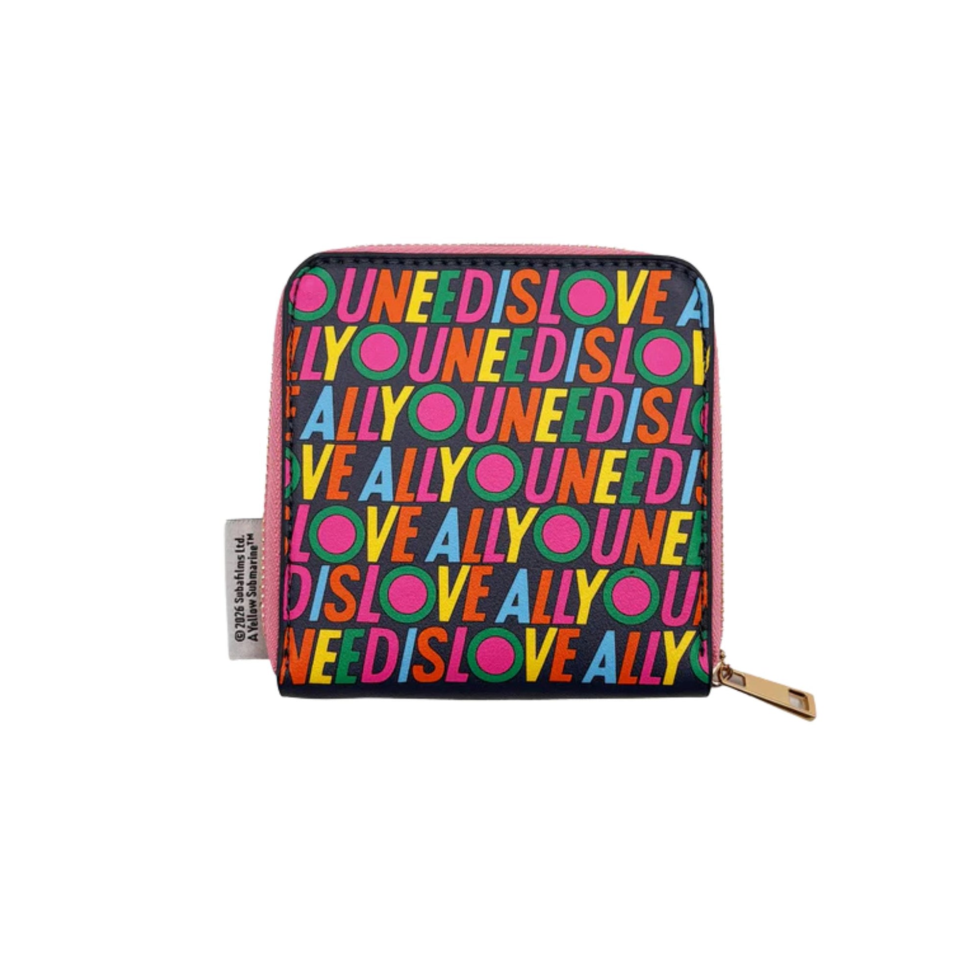 Multicolored text patterned wallet on a white background