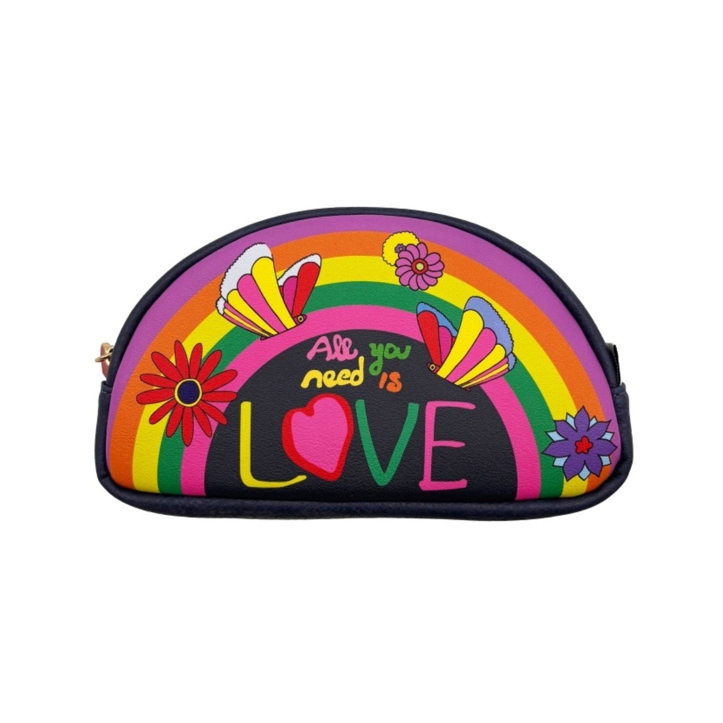 Colorful bag with rainbow design and 'All you need is love' text on a white background
