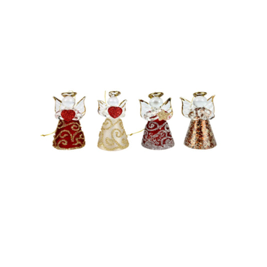 Four decorative angel figurines with red hearts on a white background