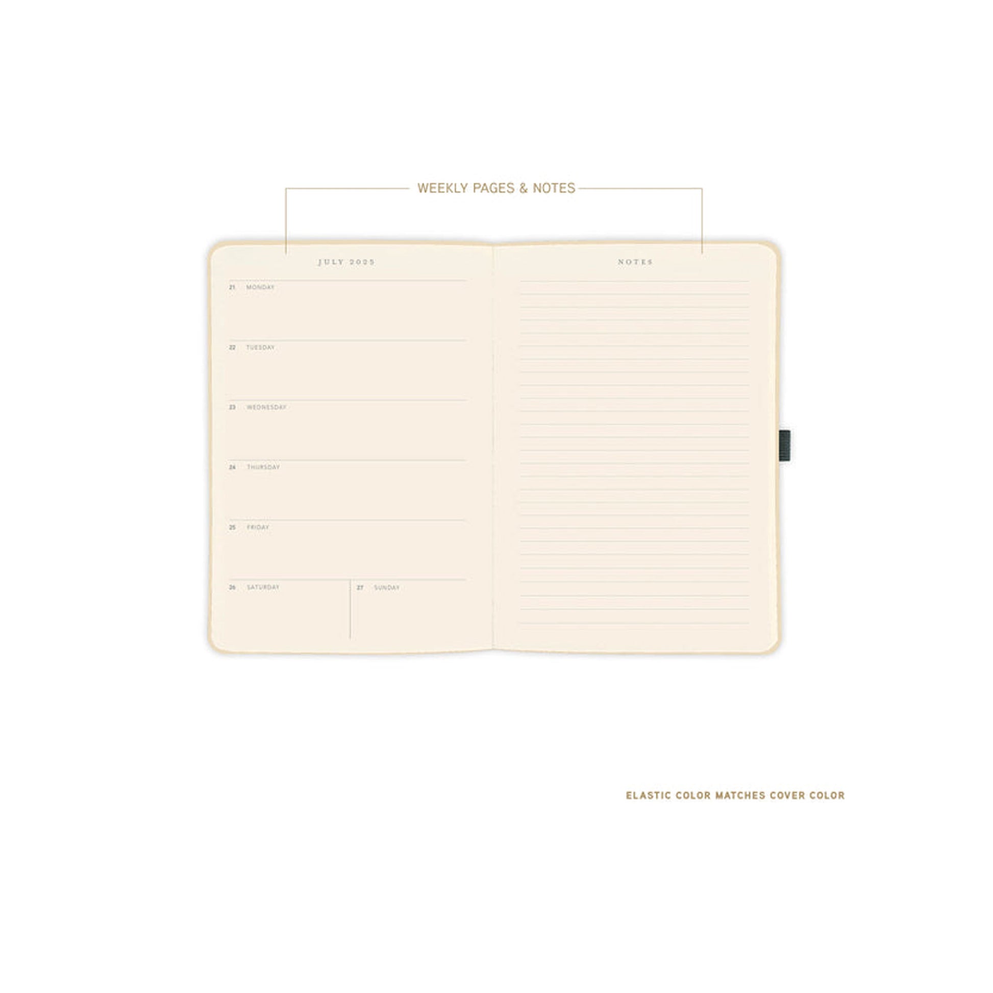 Open planner with weekly pages and notes on a white background