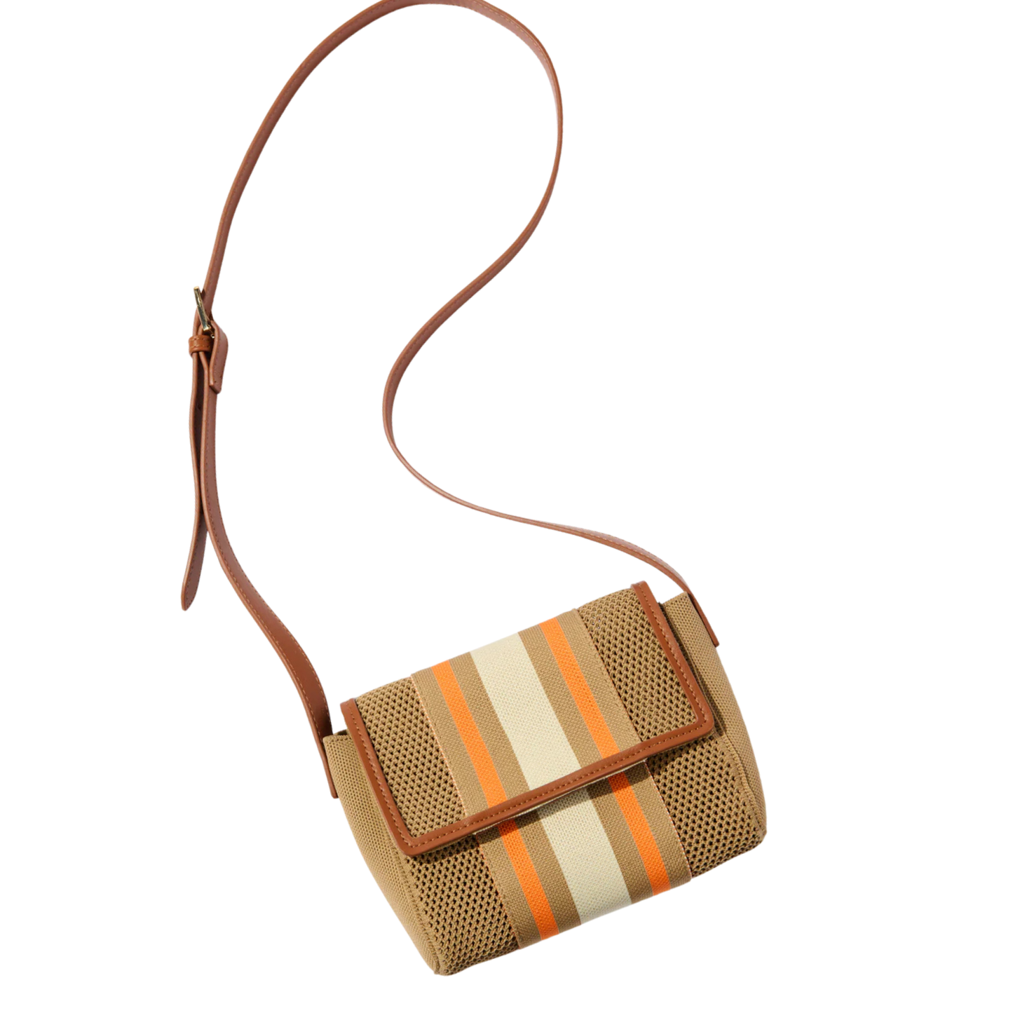 Small handbag with striped pattern and brown strap on a white background