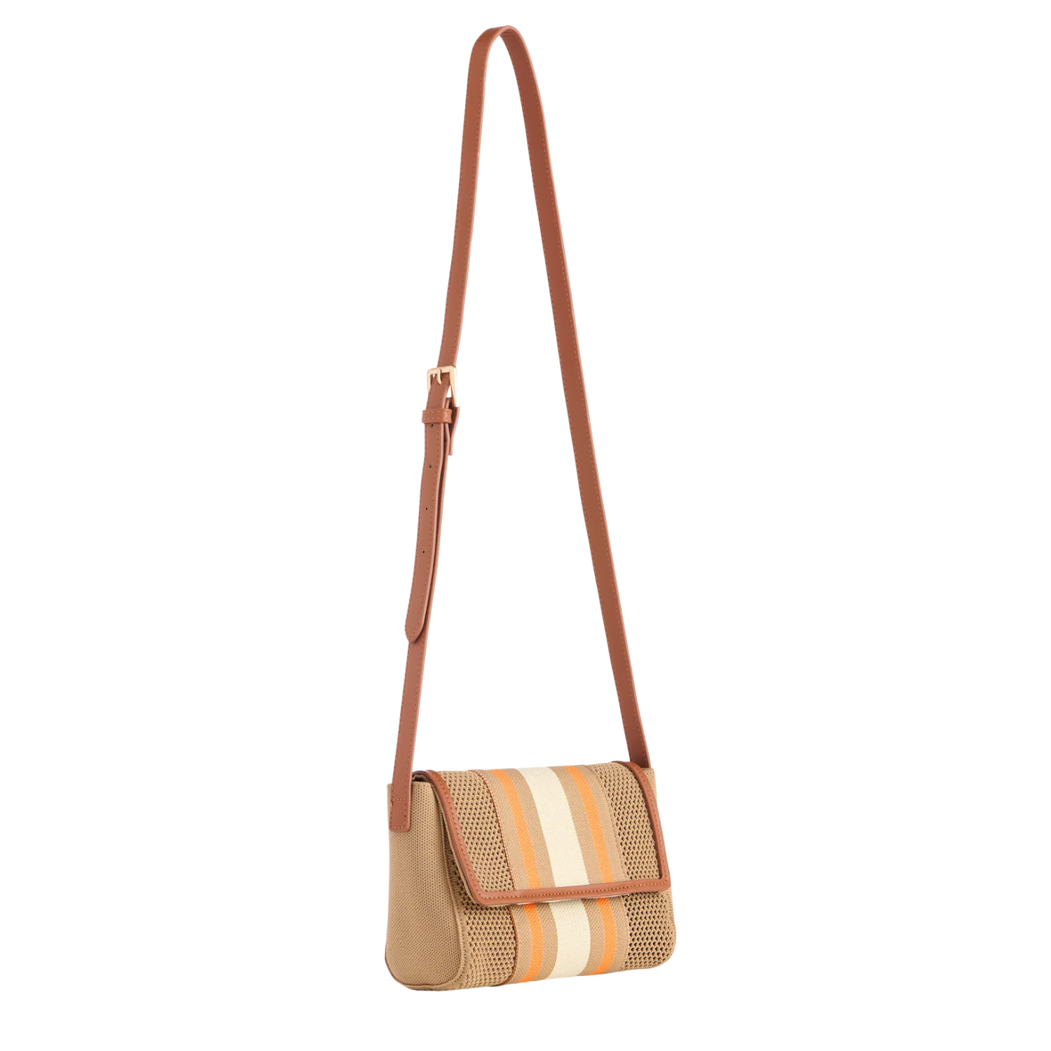 Crossbody bag with striped pattern and brown strap on a white background