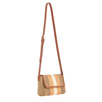 Crossbody bag with striped pattern and brown strap on a white background