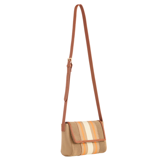 Crossbody bag with striped pattern and brown strap on a white background