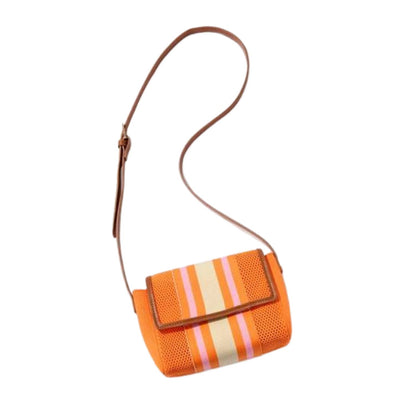 An orange crossbody bag with a textured woven body, featuring vertical stripes in cream, light pink, and white on the front flap, finished with a brown leather strap and trim.