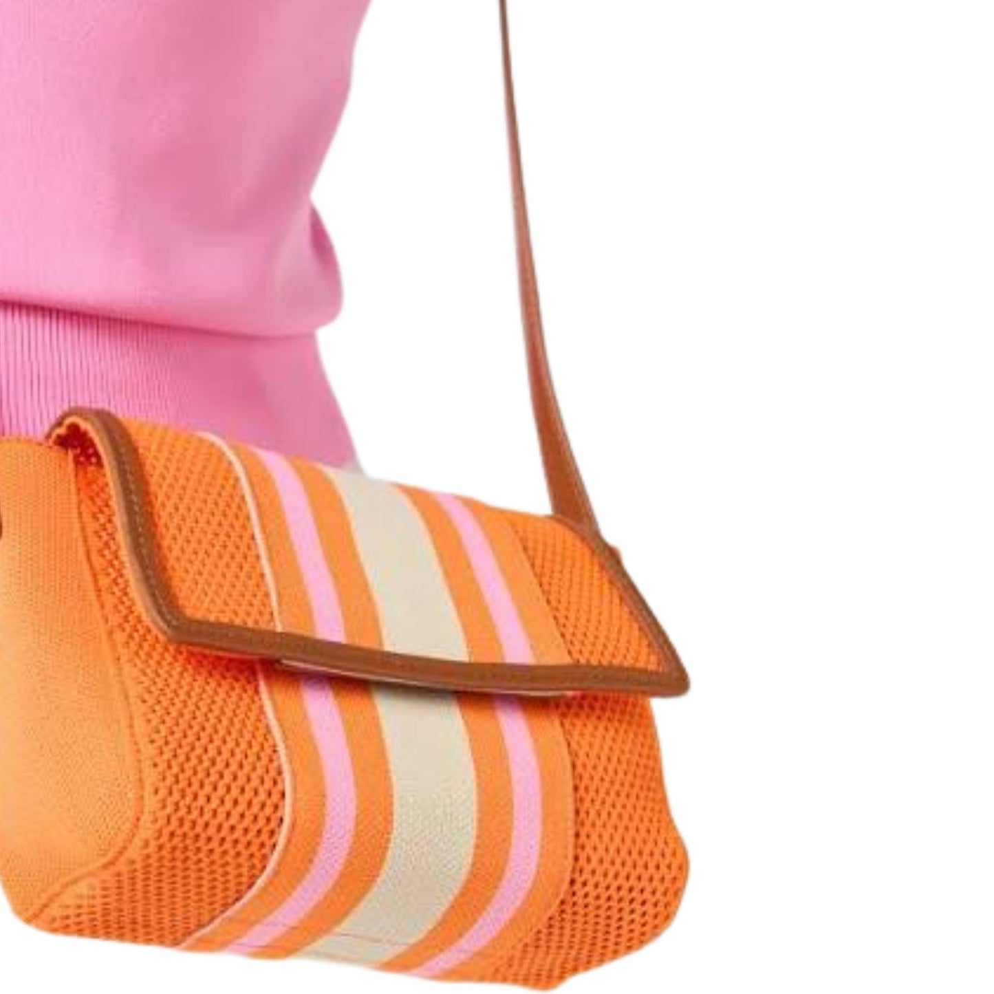 An orange mesh crossbody bag with brown trim and pink and cream stripes, shown worn over a pink top against a white background.