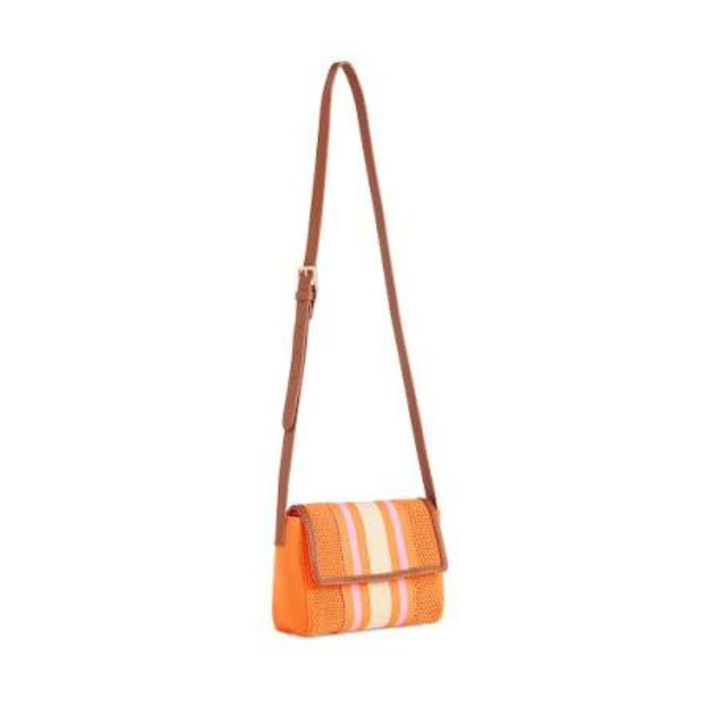 An orange crossbody bag with a textured woven body, featuring vertical stripes in cream, light pink, and white on the front flap, finished with a brown leather strap and trim.