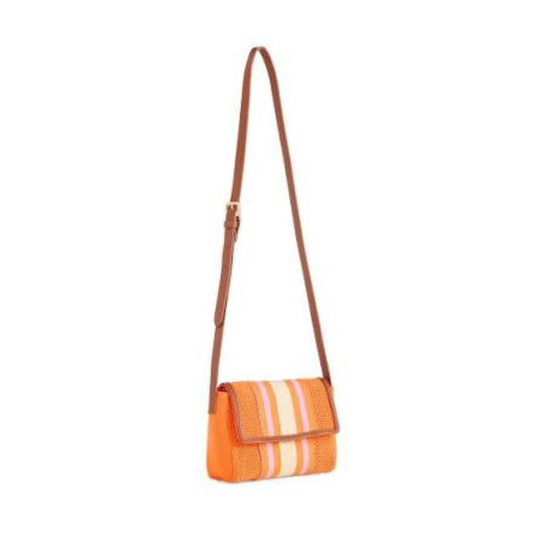 An orange crossbody bag with a textured woven body, featuring vertical stripes in cream, light pink, and white on the front flap, finished with a brown leather strap and trim.