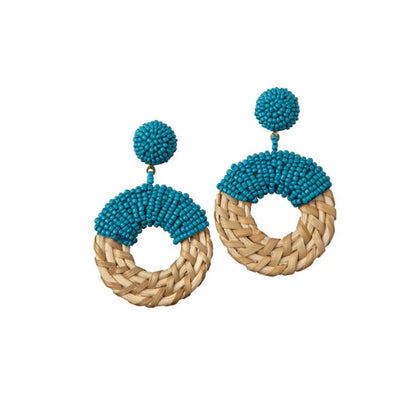 Blue and tan Blue Ratan Hoop statement earrings for colorful everyday outfits