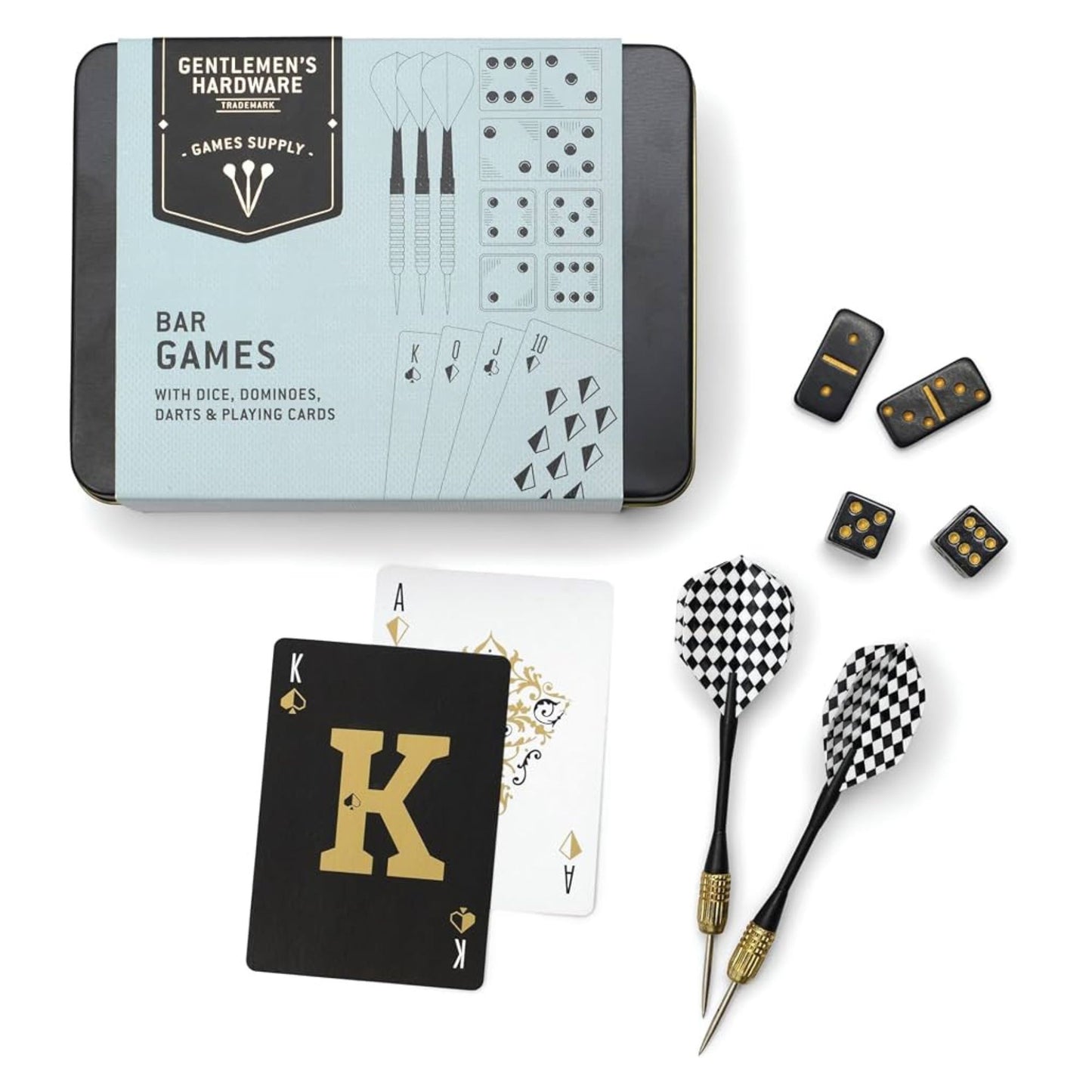 A bar games set from Gentlemen's Hardware, including a tin box, playing cards, dominoes, and two checkered darts, arranged on a white background.