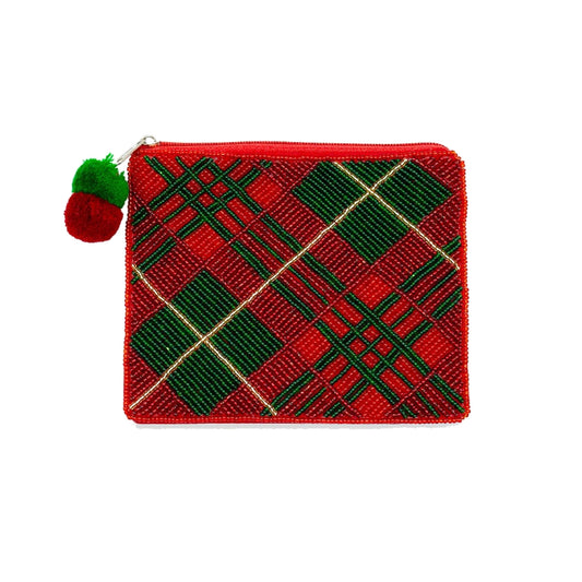 Christmas Plaid Beaded Pouch
