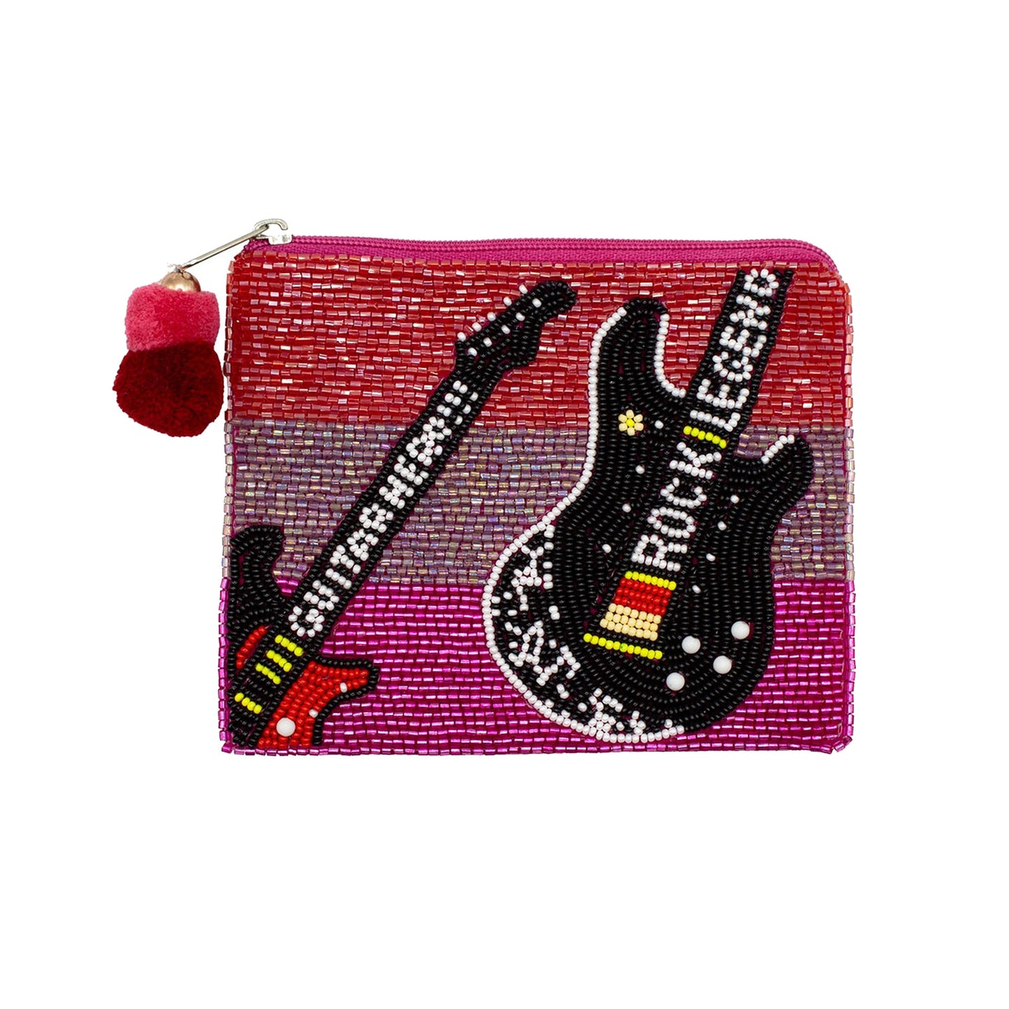 Small pouch with guitar designs and 'Rocklegend' text on a pink background