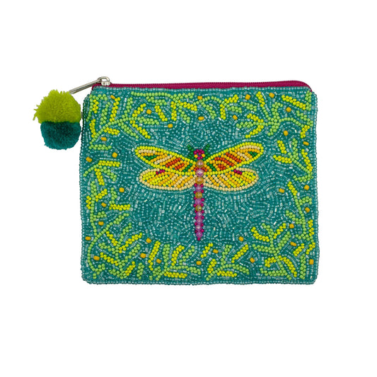 Yellow Green Dragon Fly Beaded Coin Pouch