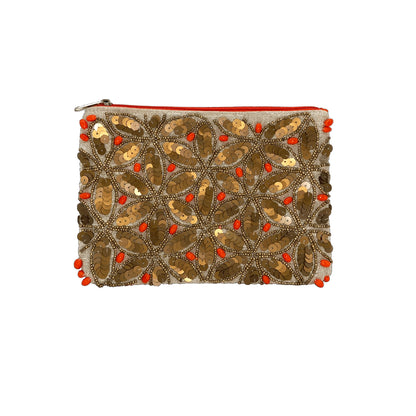 Gold and Coral Sequins Beaded Coin Pouch