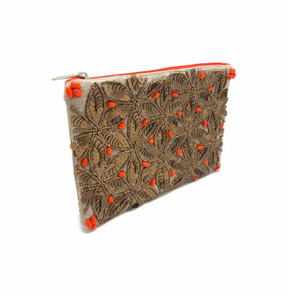 Gold and Coral Sequins Beaded Coin Pouch