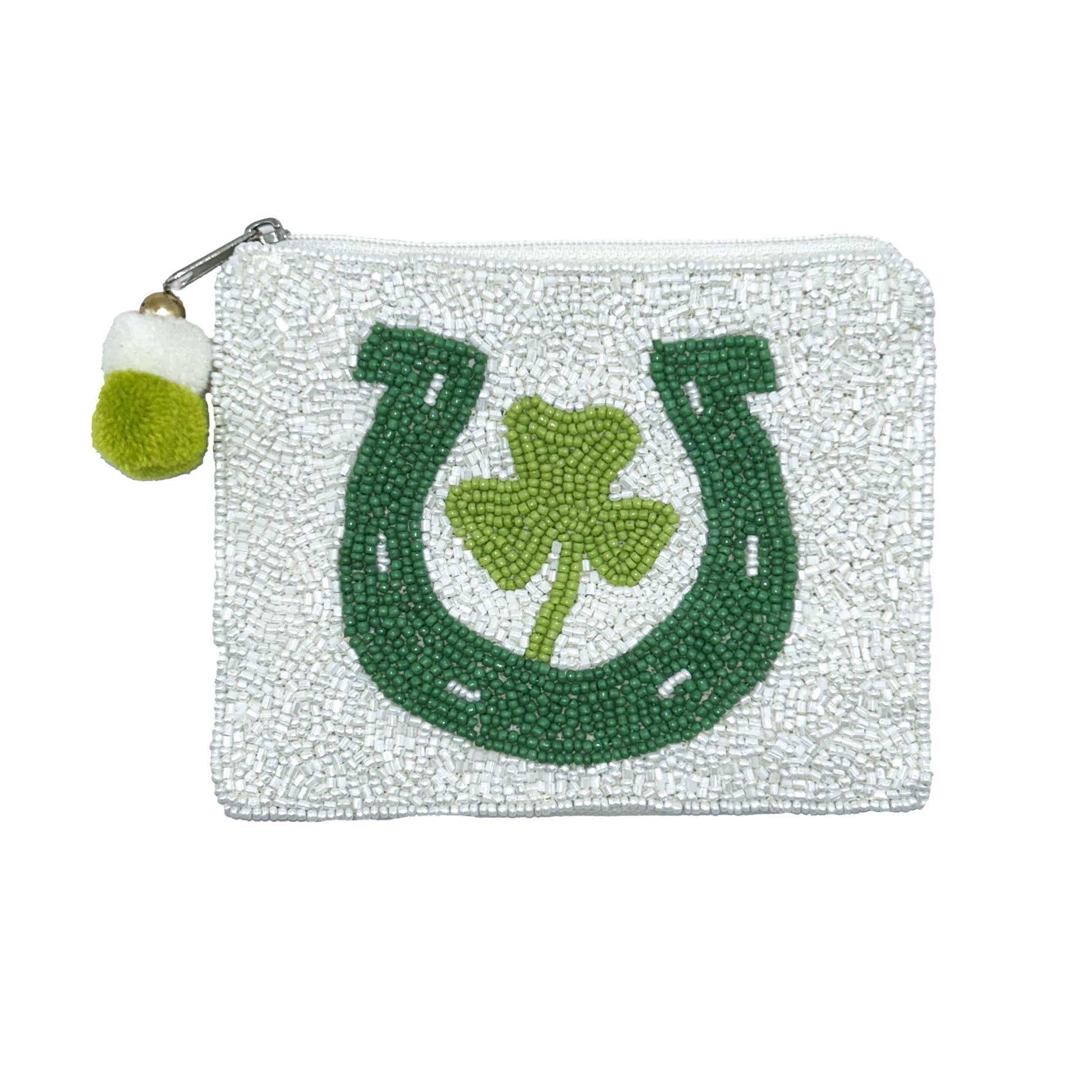 Pouch with green horseshoe and shamrock design on a white background