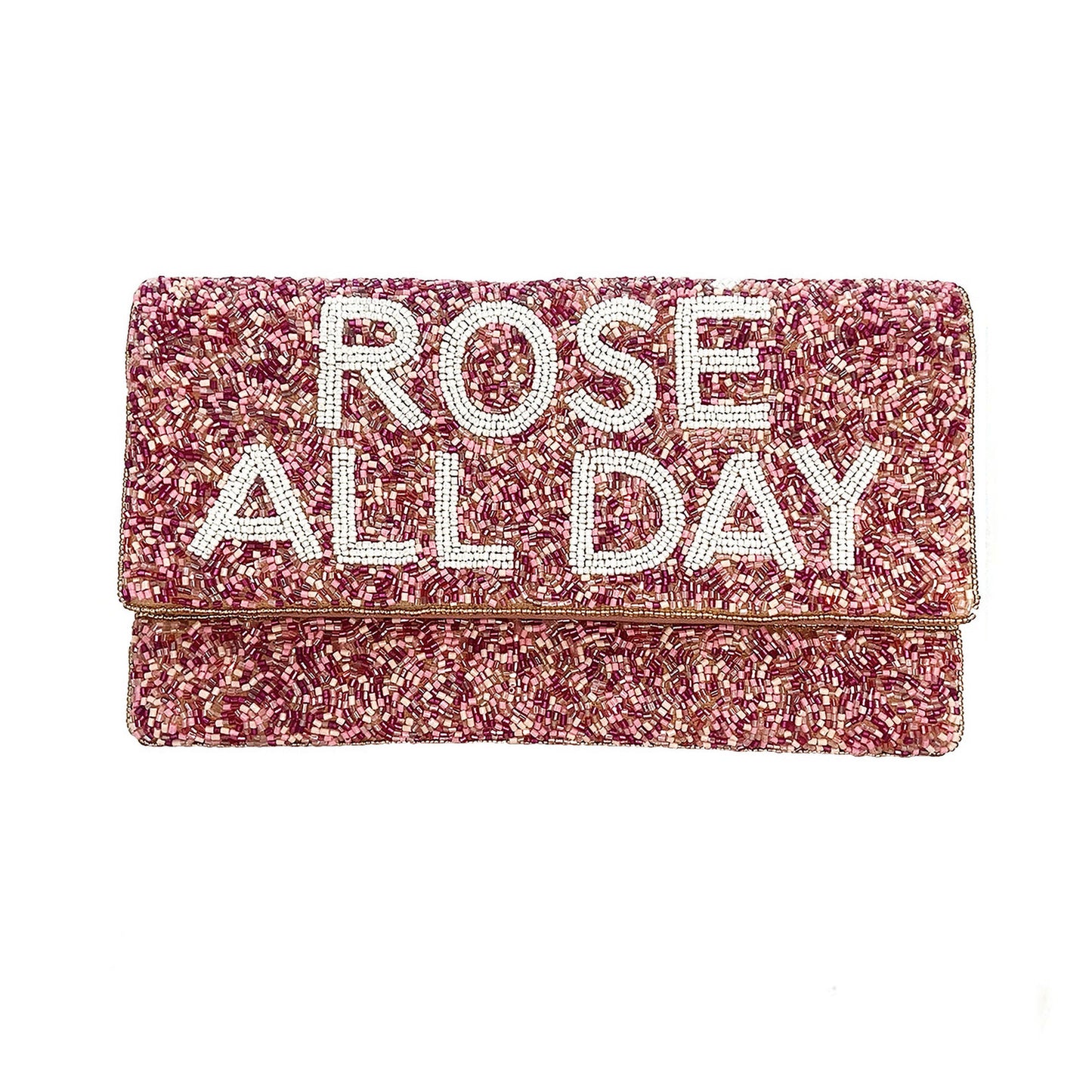 Pink glittery clutch bag with 'Rose All Day' text on a white background