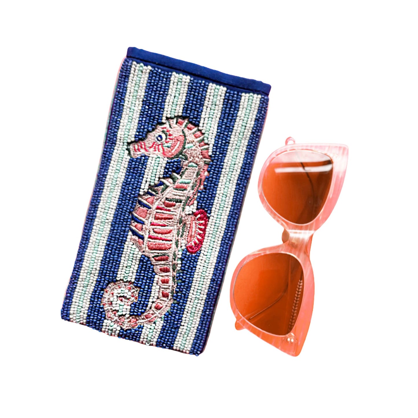 Beaded pouch with seahorse design and pink sunglasses on a white background