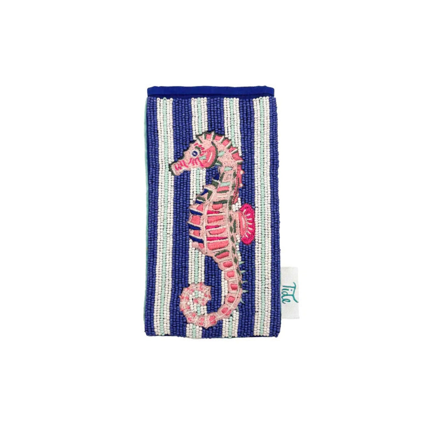 Striped sun-glass pouch with a seahorse design on a white background