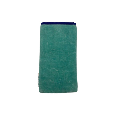 Green fabric backside of beaded sun glass case with a blue border on a white background