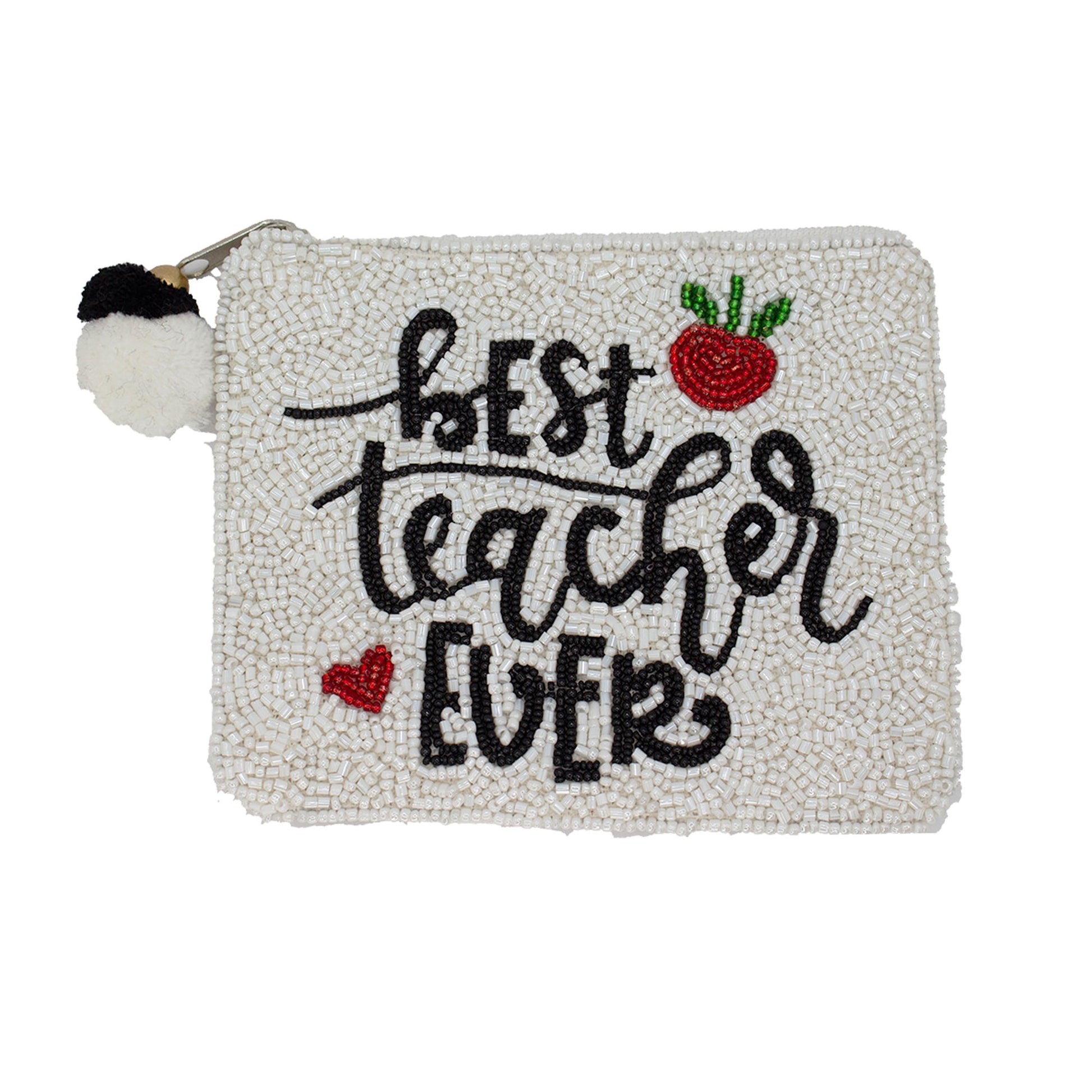 Pouch with 'Best Teacher Ever' text and apple design on a white background