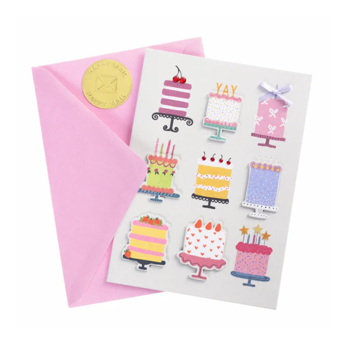 Greeting card with cake illustrations and a pink envelope on a white background