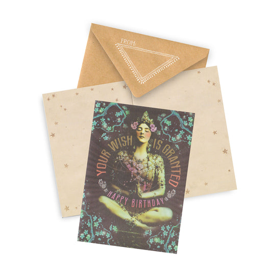 Birthday card with 'Your Wish is Granted' text and a decorative envelope on a white background
