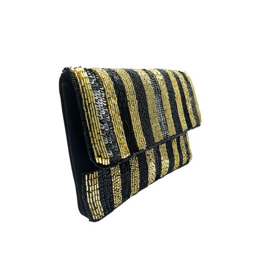 Black & Gold Sequin Striped Beaded Mini Clutch - For Her - shop_name