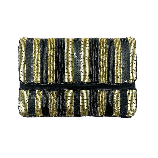 Black & Gold Sequin Striped Beaded Mini Clutch - For Her - shop_name