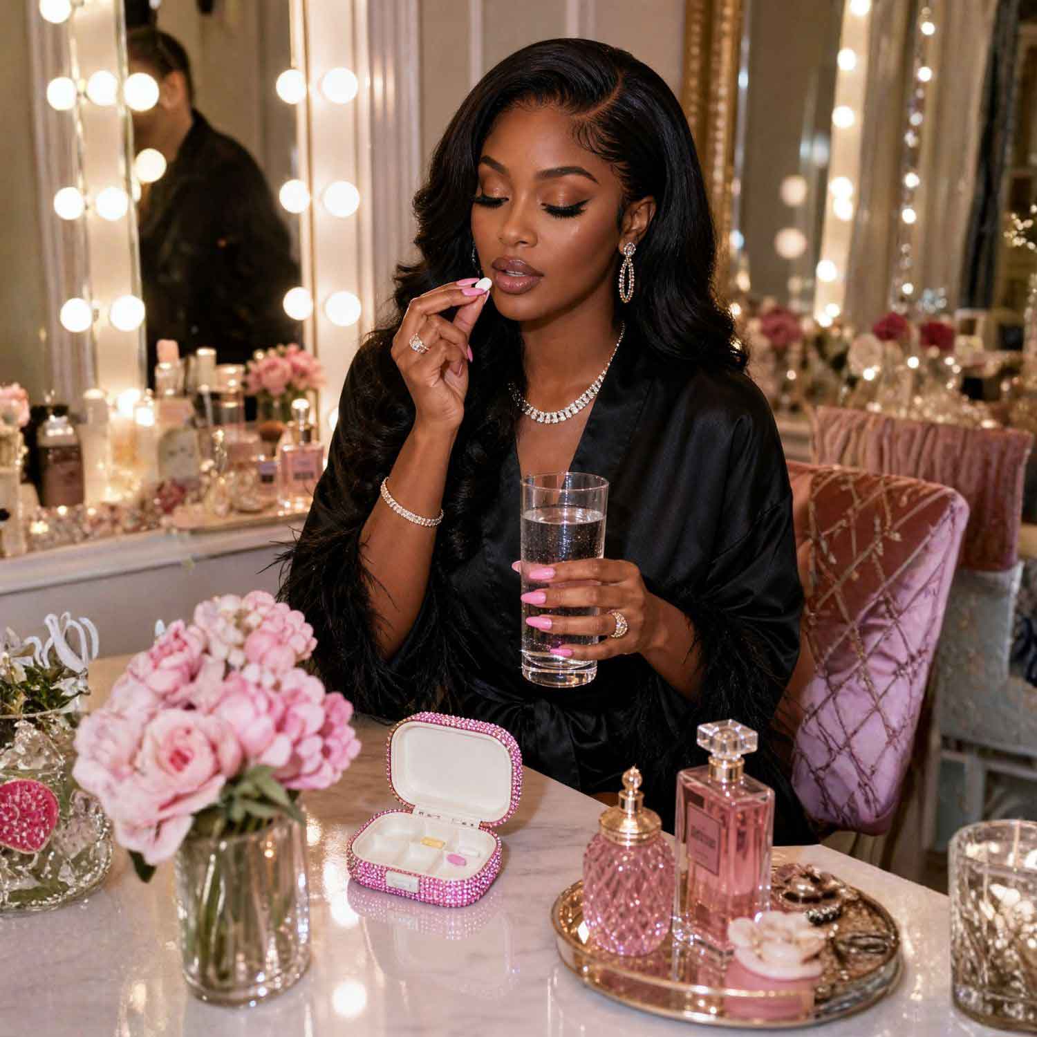 Woman taking medication using pink crystal pillbox at vanity table